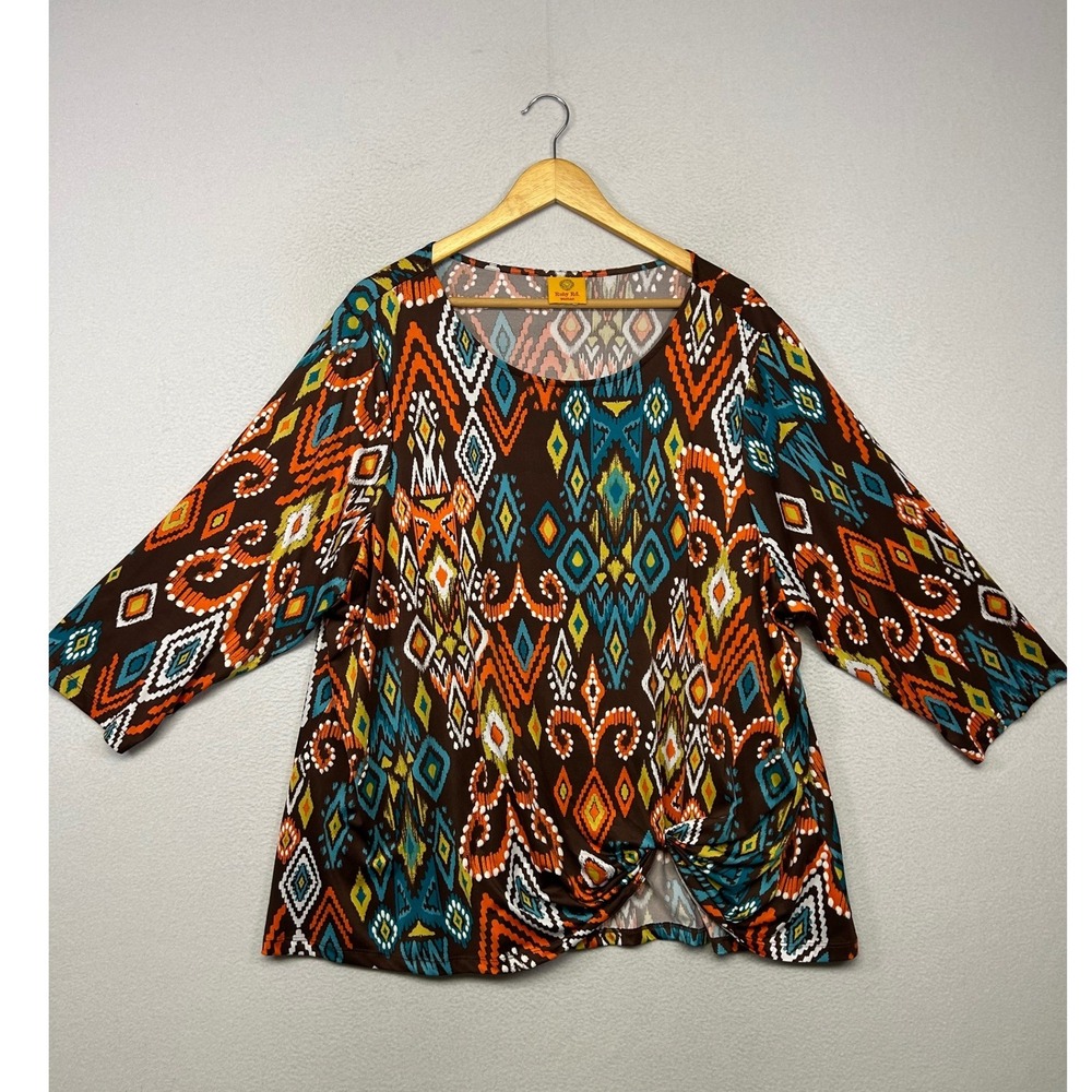 Boho Southwestern Ruby Rd. Woman 1X Brown Orange Ikat Twist Front 3/4 Sleeve Top